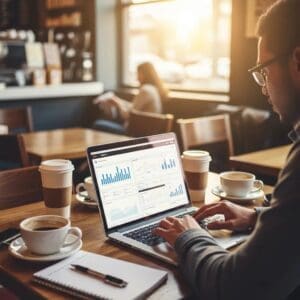 Local business owner in Lansing working on SEO strategies in a coffee shop