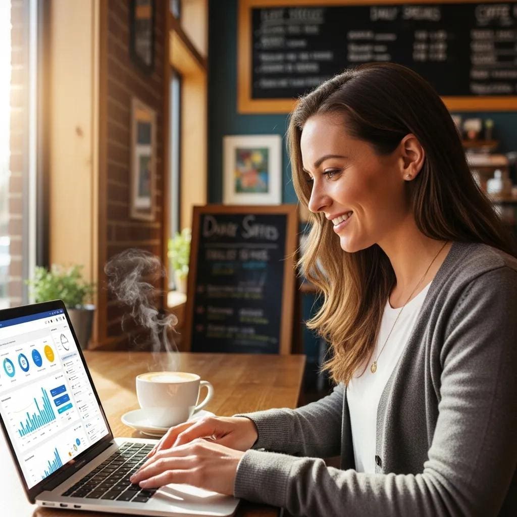 Local business owner in Walker, MI, engaging with digital marketing strategies in a coffee shop