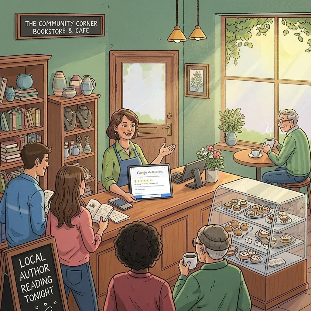 Local business owner interacting with customers, emphasizing local SEO services