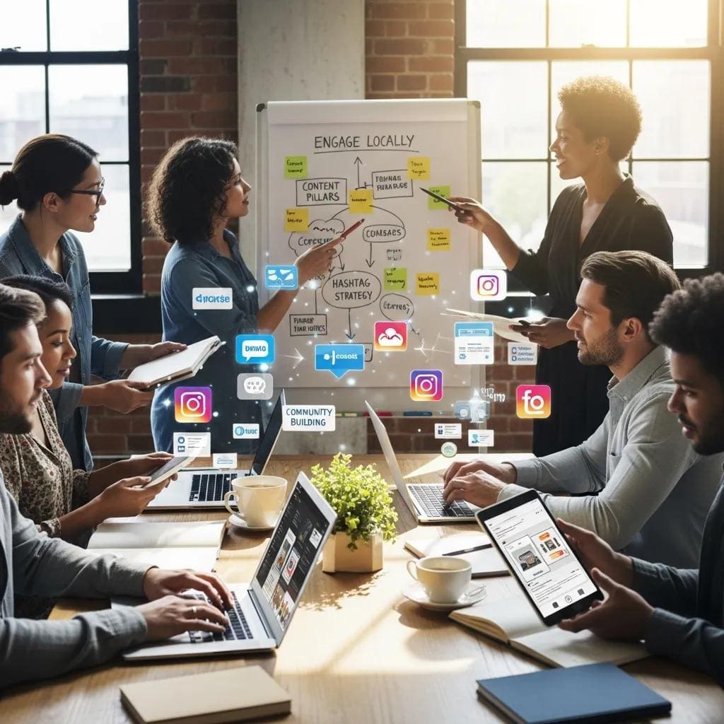 Local business owners collaborating on social media strategies in a modern workspace