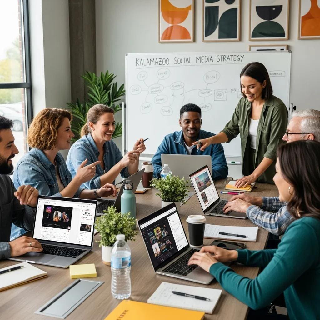 Local business owners collaborating on social media strategies in a modern workspace