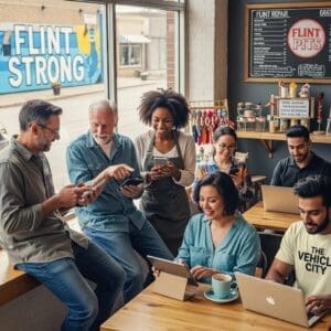 Local business owners in Flint engaging with social media on devices