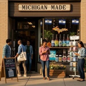 Local business storefront in Michigan with customers, representing local SEO marketing