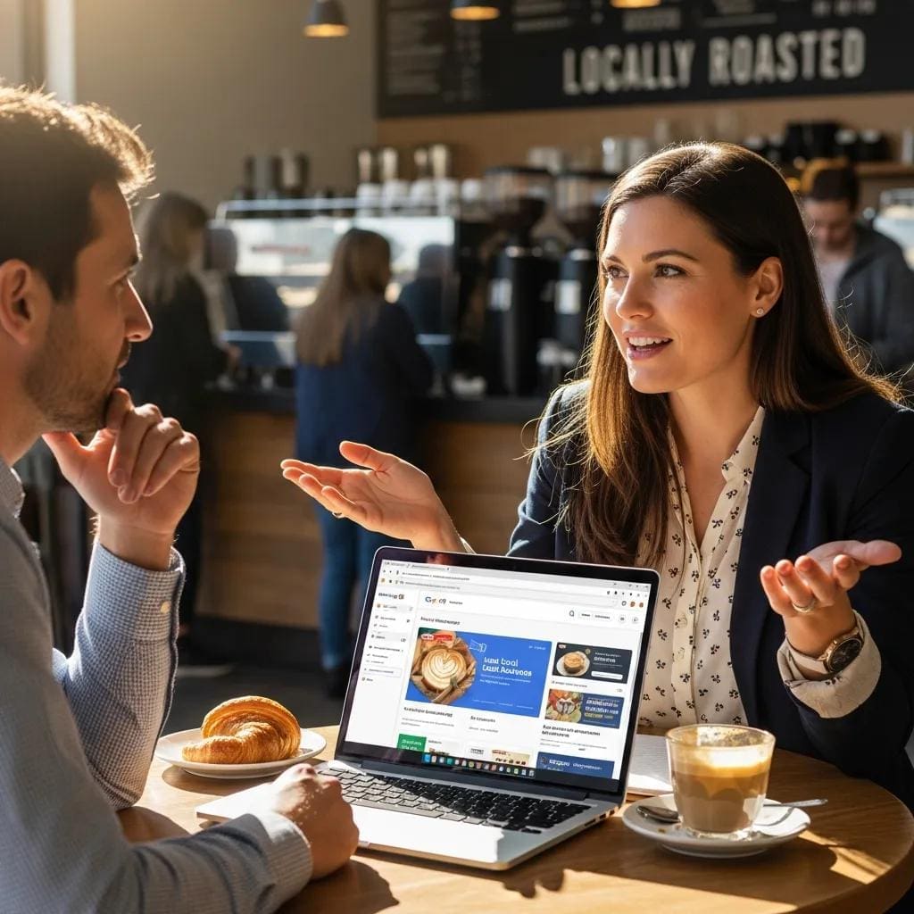 Local PPC expert consulting with a small business owner in a coffee shop