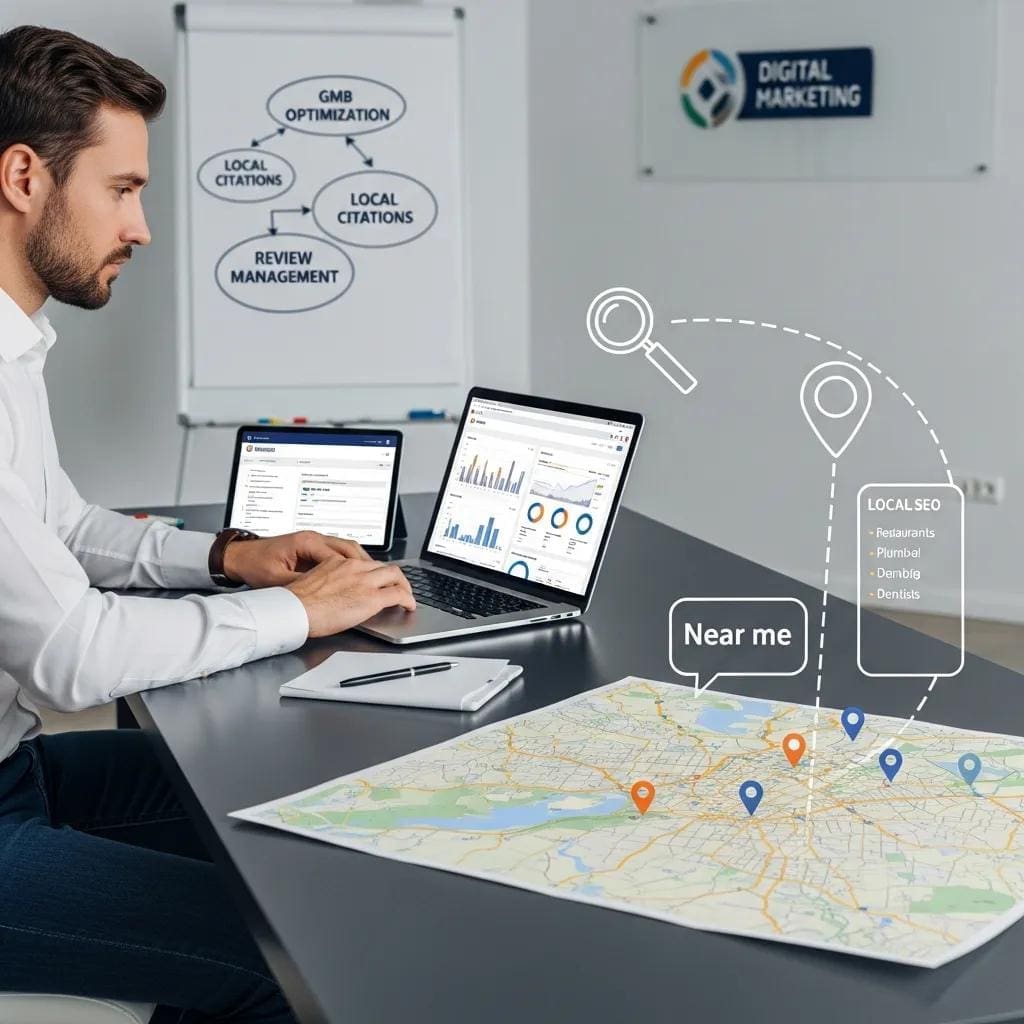 Local SEO expert analyzing website with local search elements