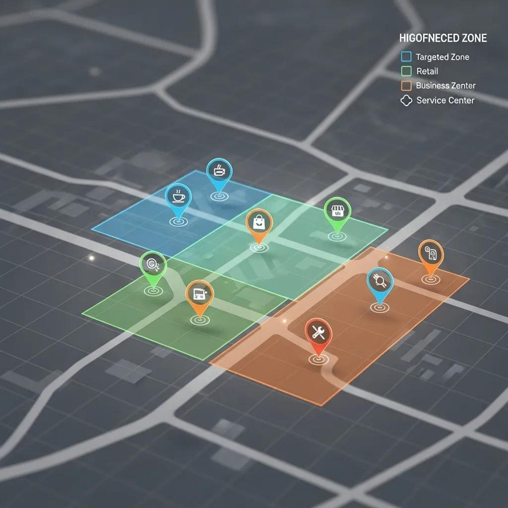 Map illustrating geofenced areas with business icons for location-based targeting