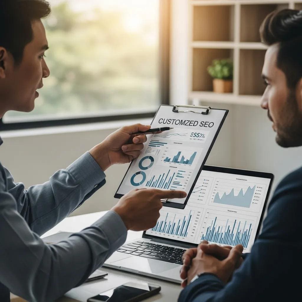 Marketing consultant presenting a customized SEO plan to a small business owner