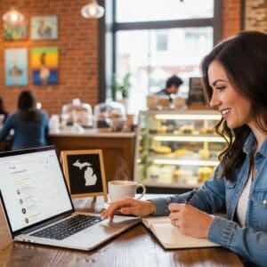 Michigan small business owner optimizing Google Business Profile on laptop