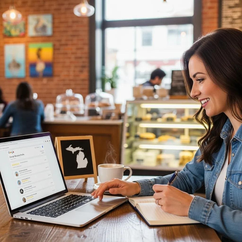 Woman optimizing Google Business Profile on laptop in coffee shop, with Michigan map decoration and notebook, emphasizing local SEO strategies for Michigan businesses.