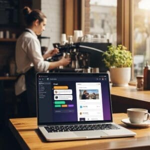 Modern chat widget interface on a laptop in a cozy Kalamazoo coffee shop