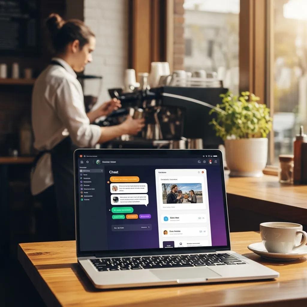Modern chat widget interface on a laptop in a cozy Kalamazoo coffee shop
