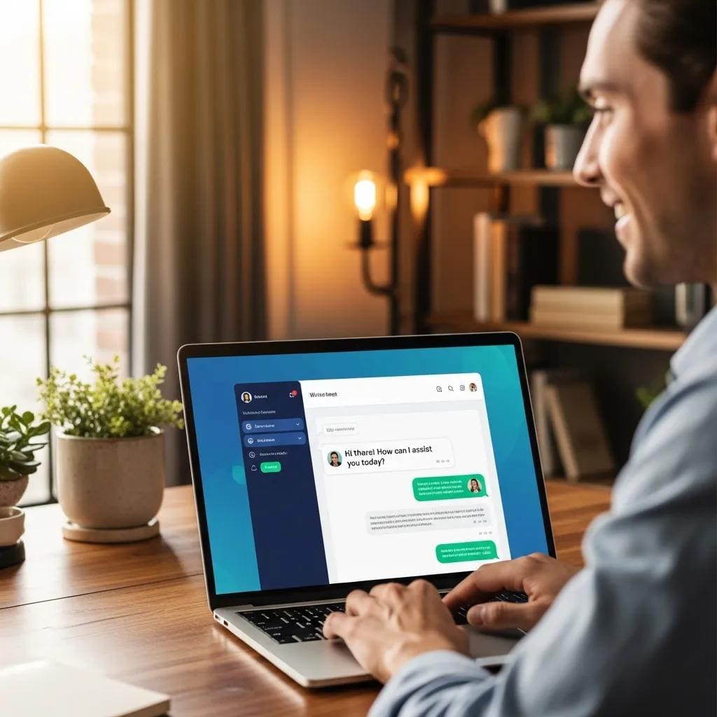 Modern chat widget interface on a laptop in a cozy office setting