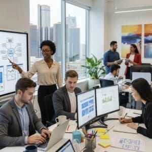 Modern office collaboration in Detroit focusing on SEO and web design strategies