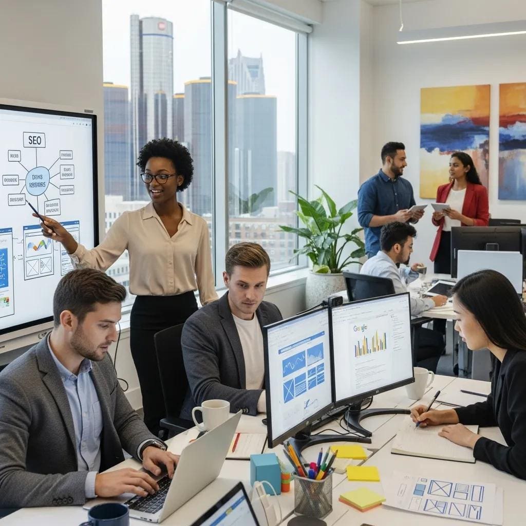 Modern office collaboration in Detroit focusing on SEO and web design strategies