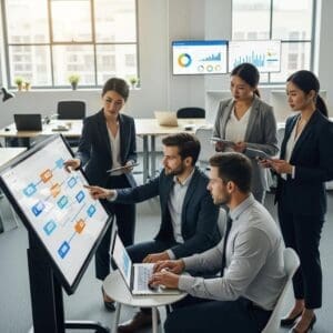 Modern office environment illustrating business automation with professionals collaborating around digital tools