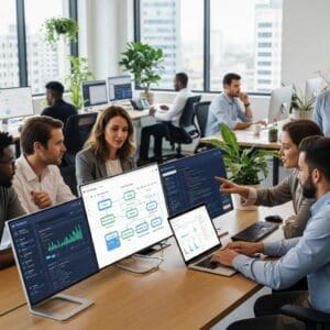 Modern office environment with employees using automation technology