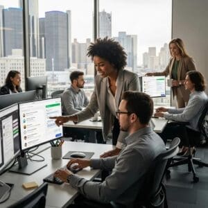 Modern office in Detroit with professionals using chat widgets for customer engagement