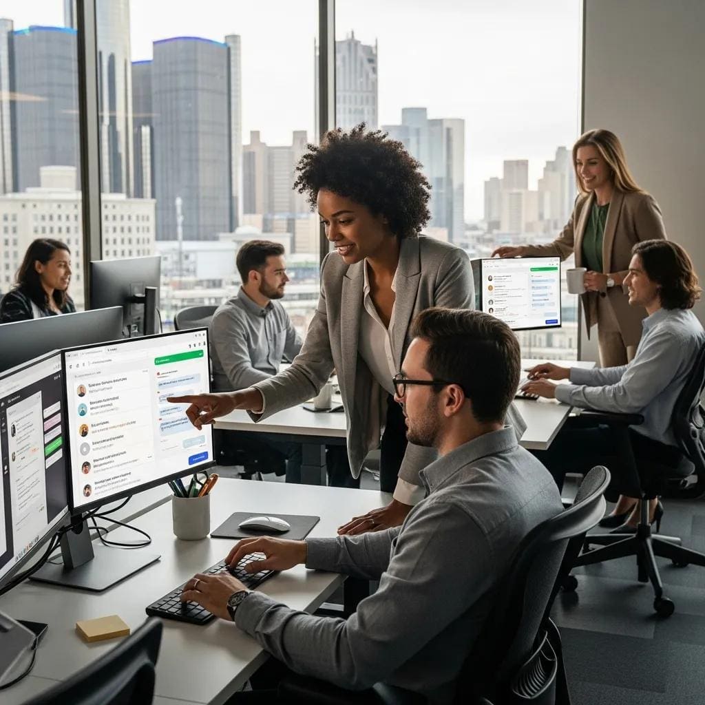 Modern office in Detroit with professionals using chat widgets for customer engagement