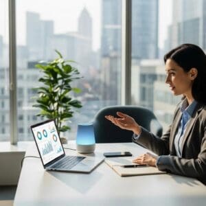 Modern office with a business professional using an AI voice assistant device, highlighting innovation in communication