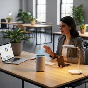 Modern office with a business professional using an AI voice assistant device, symbolizing innovation in communication