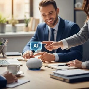 Modern office with a professional using an AI voice assistant device, symbolizing innovation in customer service