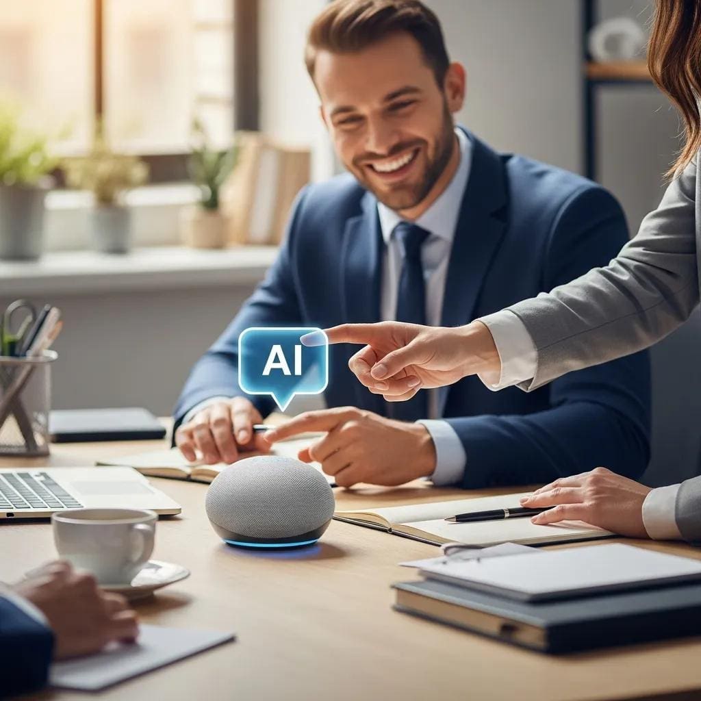 Modern office with a professional using an AI voice assistant device, symbolizing innovation in customer service