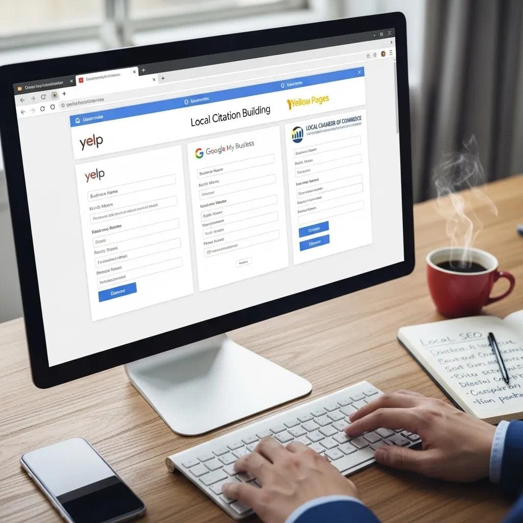 Person building local citations on a computer screen with online directories