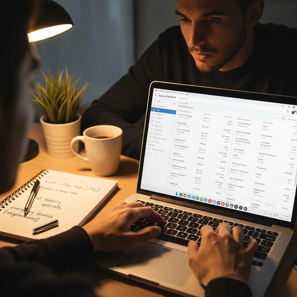 Person conducting keyword research for local SEO strategies