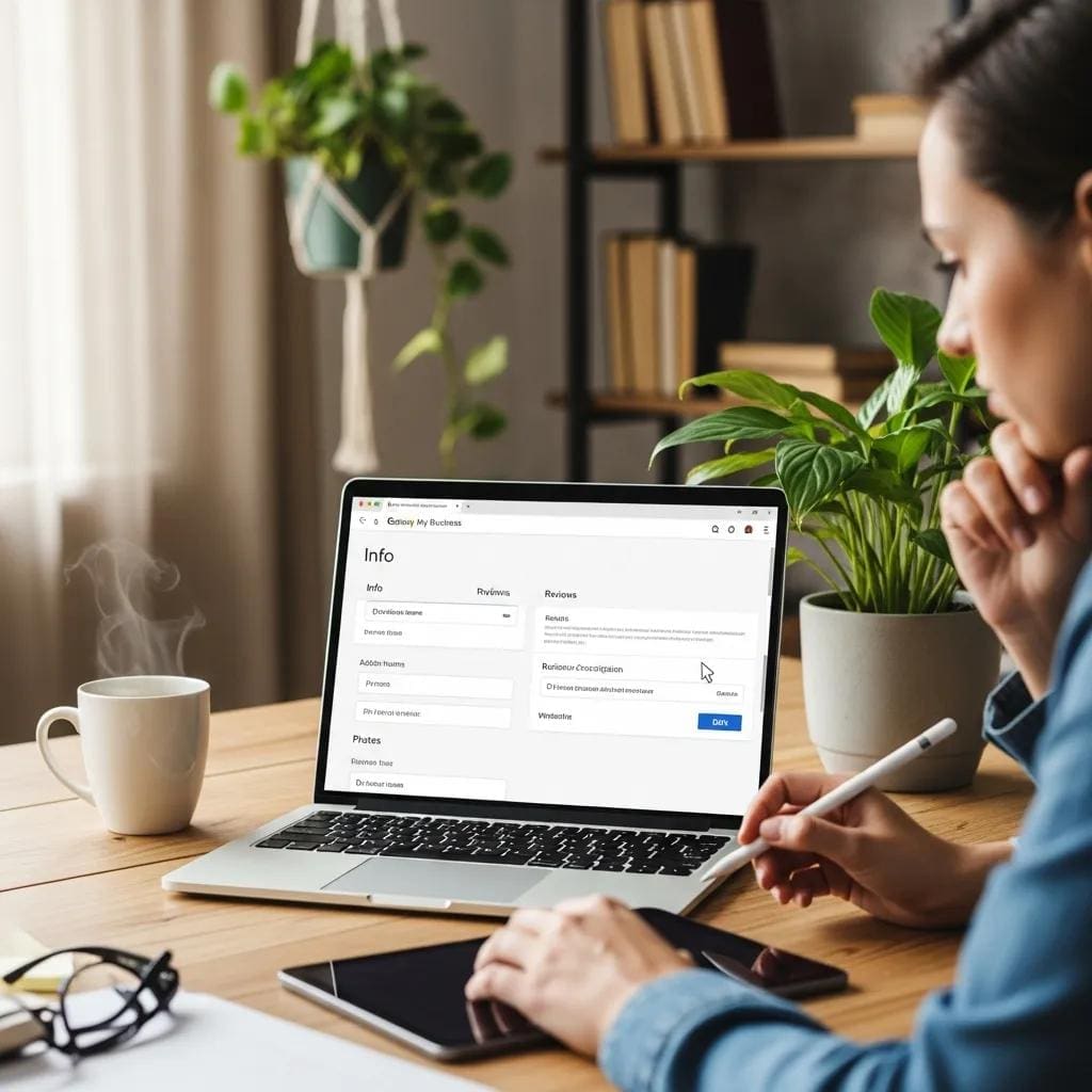 Person optimizing Google My Business profile in a cozy office setting
