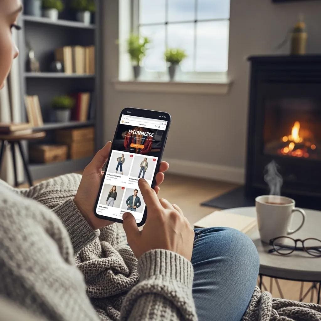 Person shopping on a mobile device, highlighting the benefits of e-commerce web design