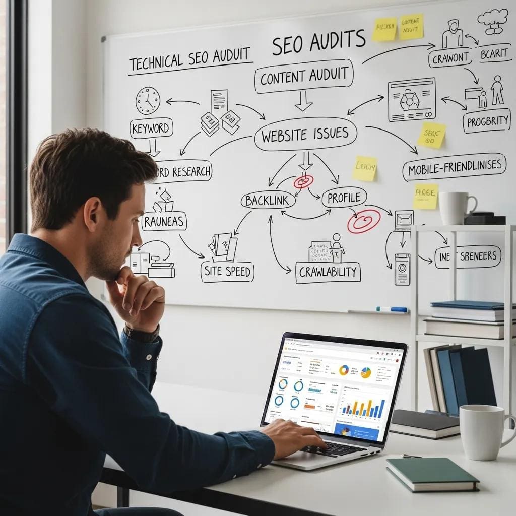 Professional analyzing website performance metrics during an SEO audit