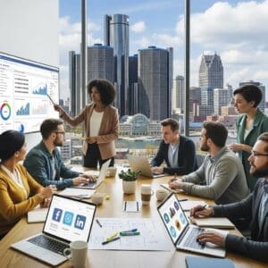 Professionals collaborating on social media strategies in a modern Detroit office