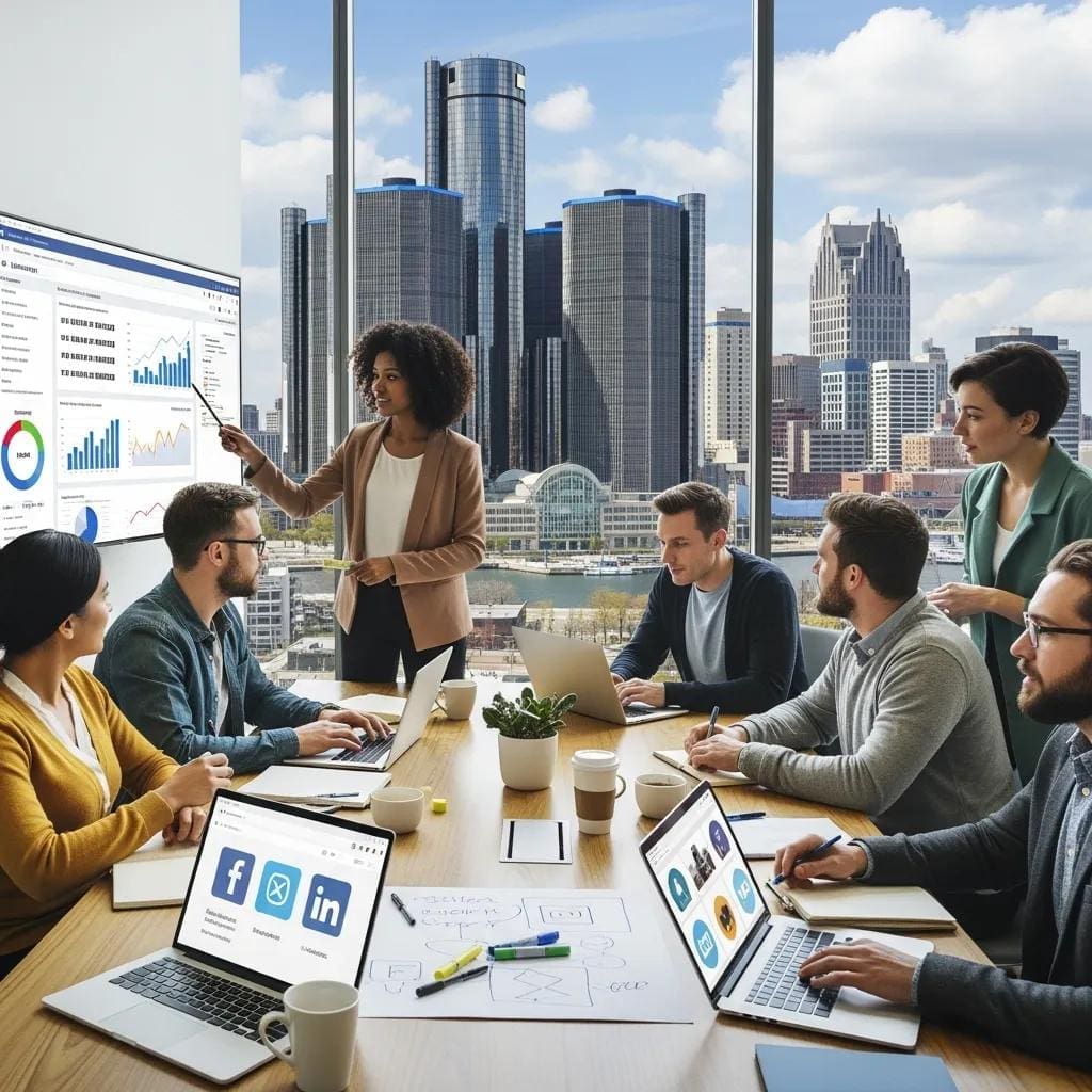 Professionals collaborating on social media strategies in a modern Detroit office