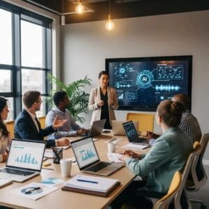 Professionals discussing AI voice services in a modern office setting