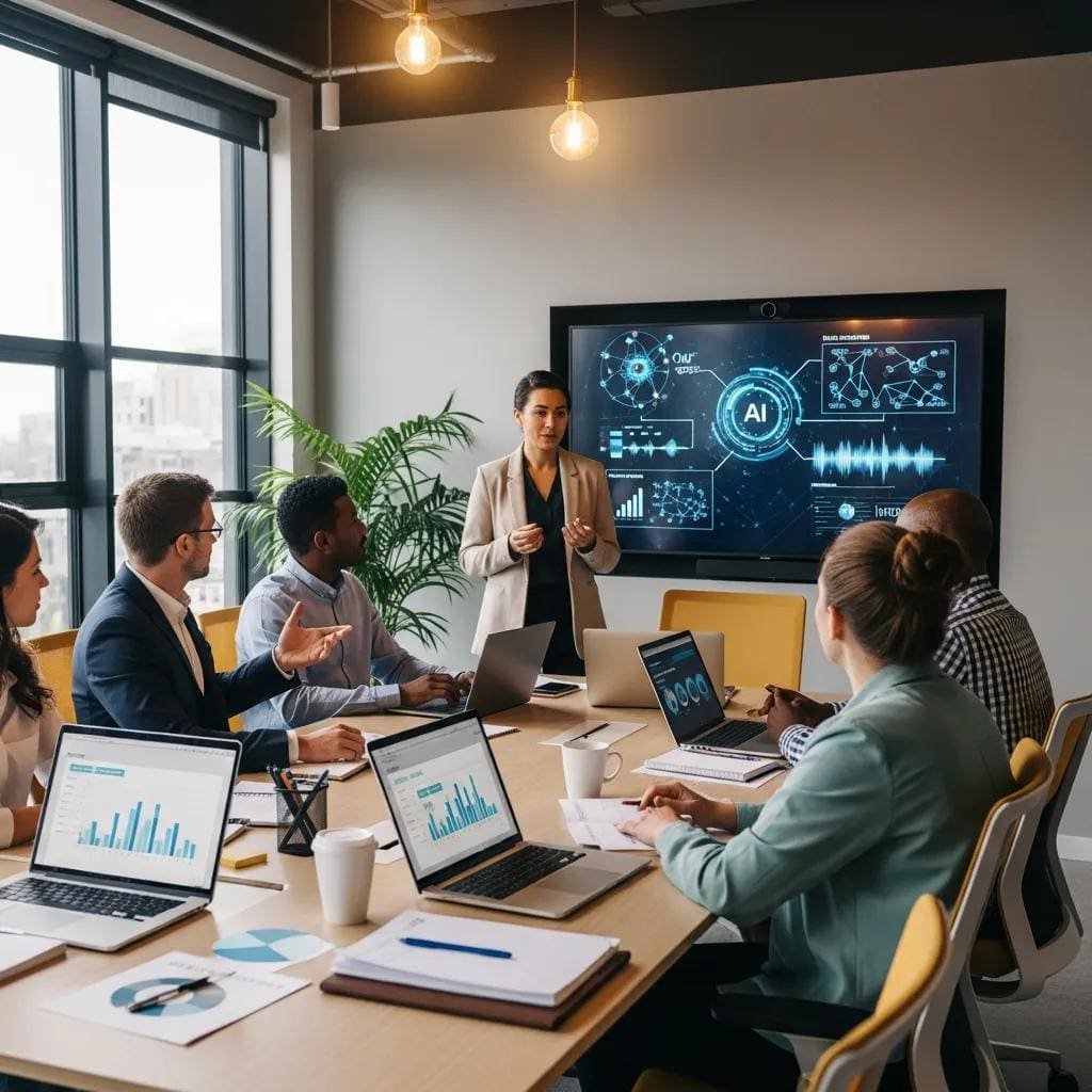 Professionals discussing AI voice services in a modern office setting