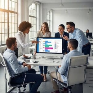 Professionals discussing chat widget implementation in a modern office setting