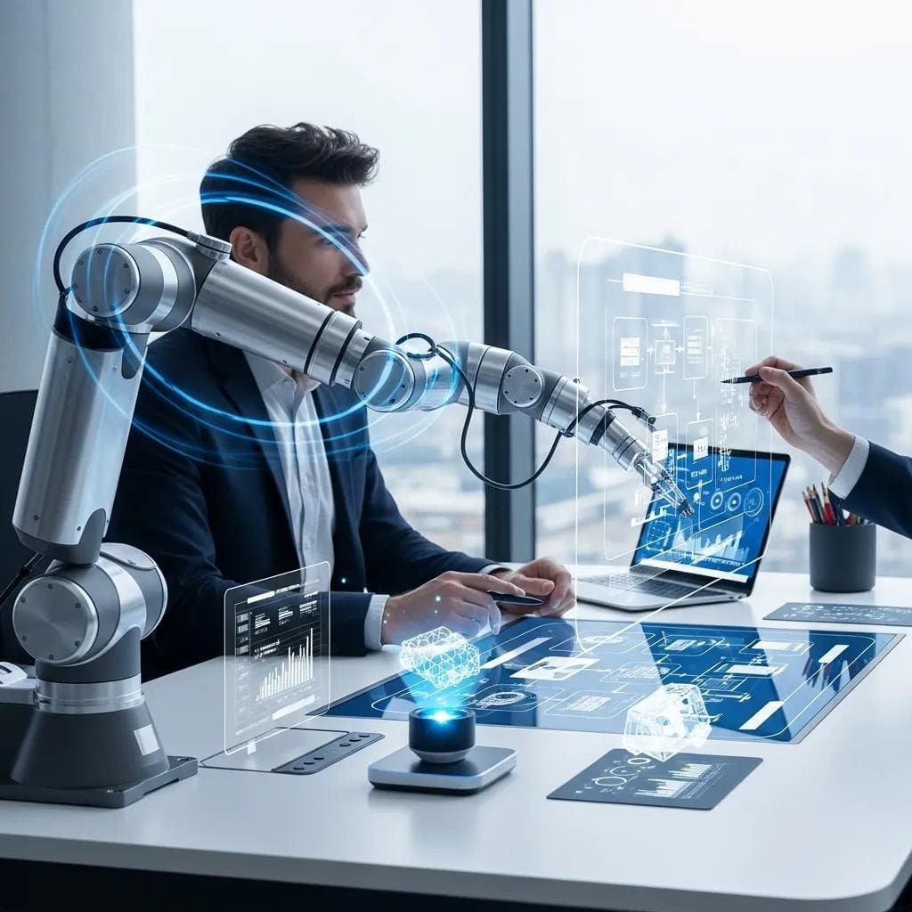 Robotic arm collaborating with a human in a business setting