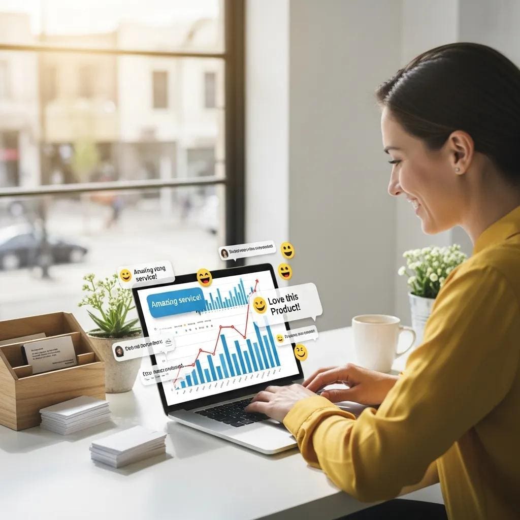Satisfied business owner reviewing positive social media engagement metrics on a laptop