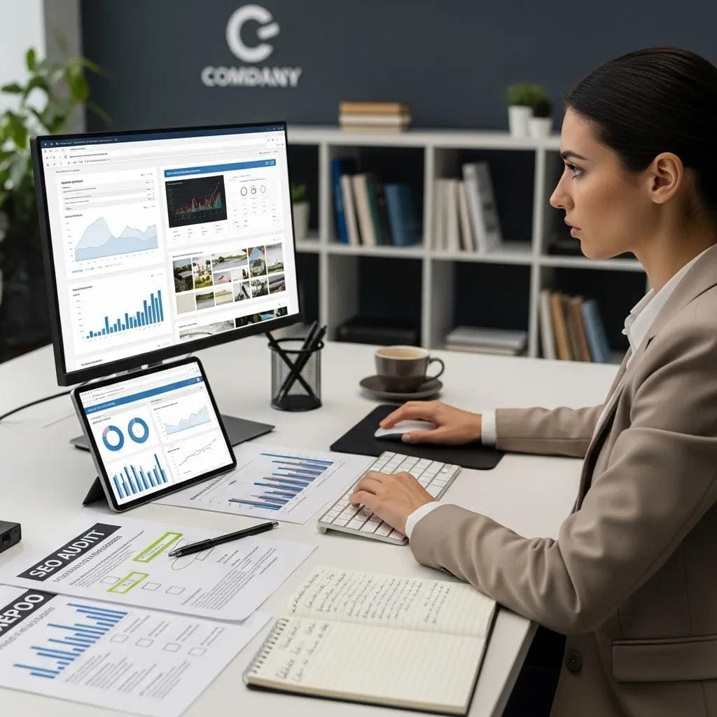 SEO consultant analyzing website performance during a comprehensive SEO audit in an office
