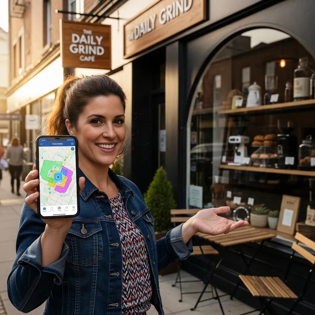 Small business owner showcasing geo-fencing technology on smartphone outside The Daily Grind café, illustrating location-based marketing strategy.