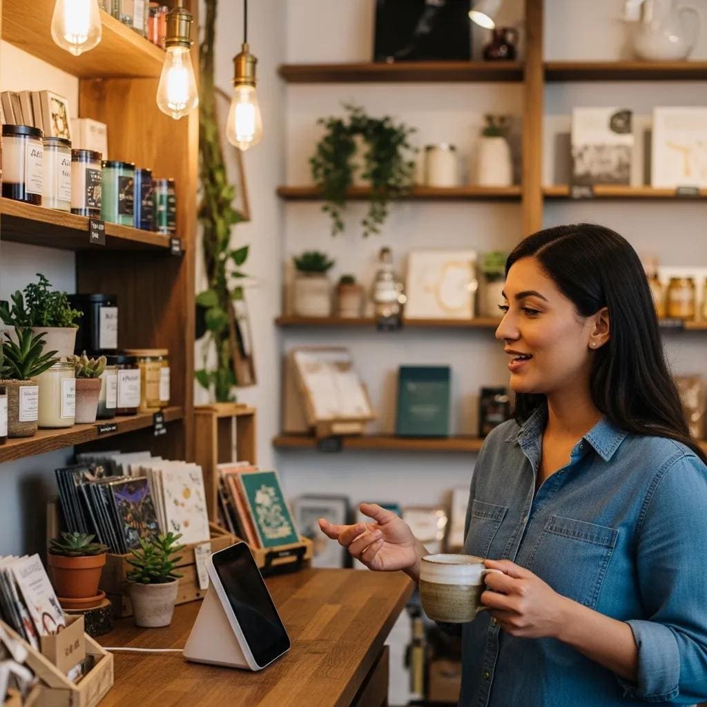 Small business owner interacting with an AI voice assistant in a cozy retail environment, showcasing the benefits of AI technology