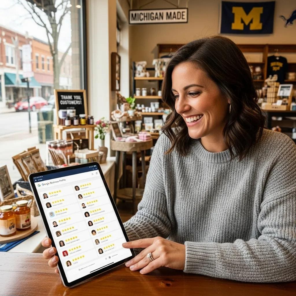 Small business owner reading positive customer reviews on Google Business Profile