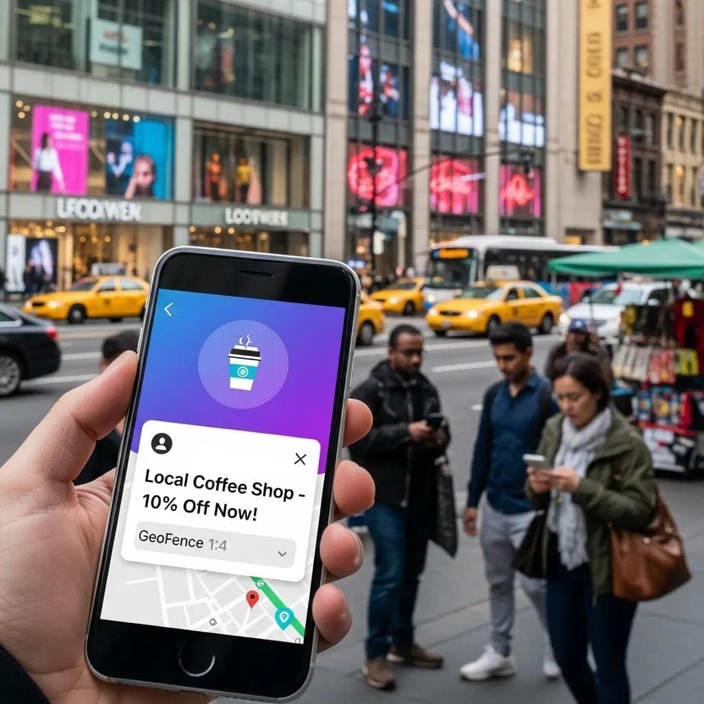 Smartphone displaying geofence advertising notification in a busy urban setting