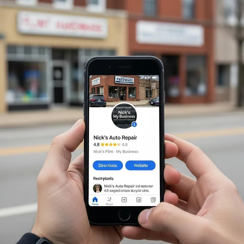 Smartphone displaying Google My Business profile with a local Flint storefront in the background