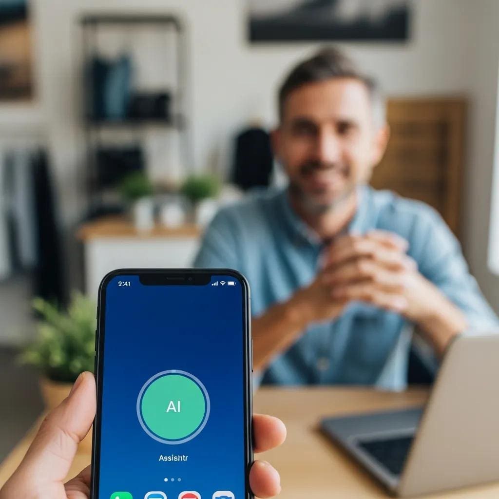 Smartphone showing AI voice assistant interface in a small business environment