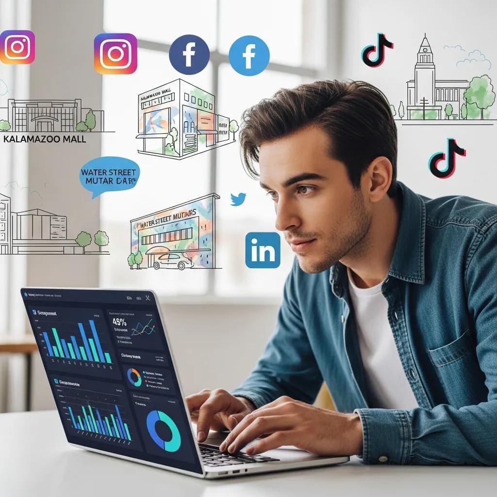 Social media manager analyzing data with local Kalamazoo landmarks in the background