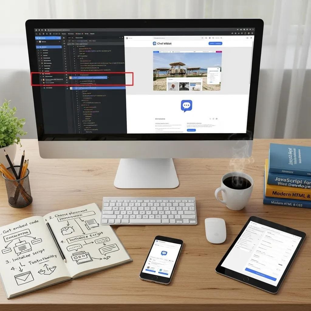 Step-by-step chat widget integration process on a website, illustrating implementation strategies