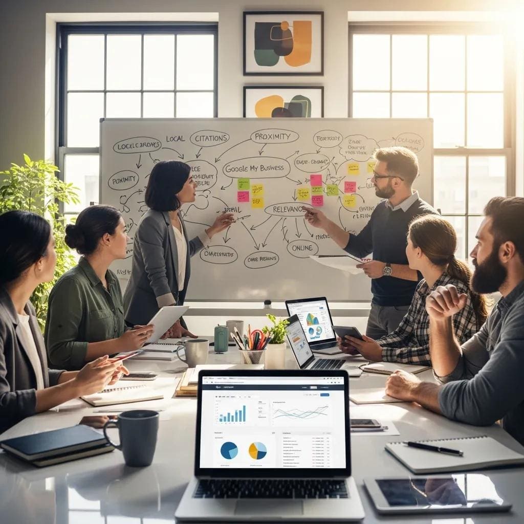 Team brainstorming local SEO strategies in a modern office environment