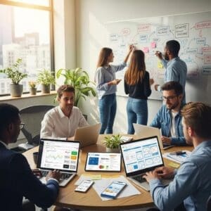 Team collaborating on SEO and web design strategies in a modern office