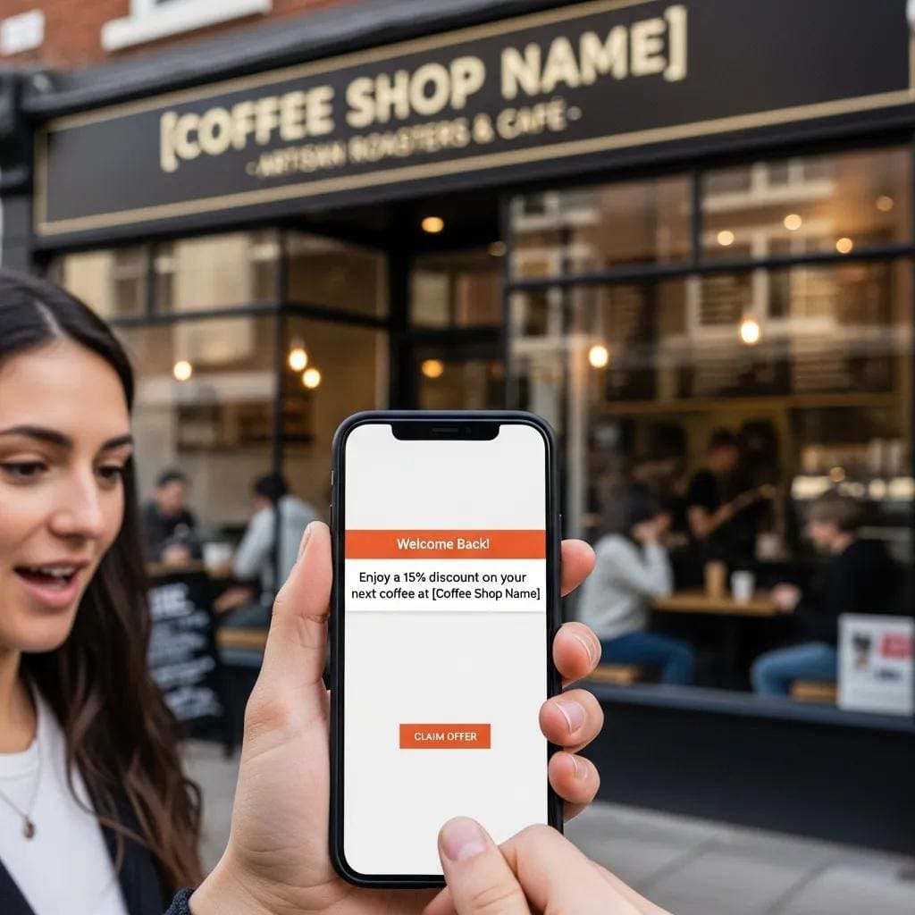 User receiving a geo-fencing notification near a coffee shop
